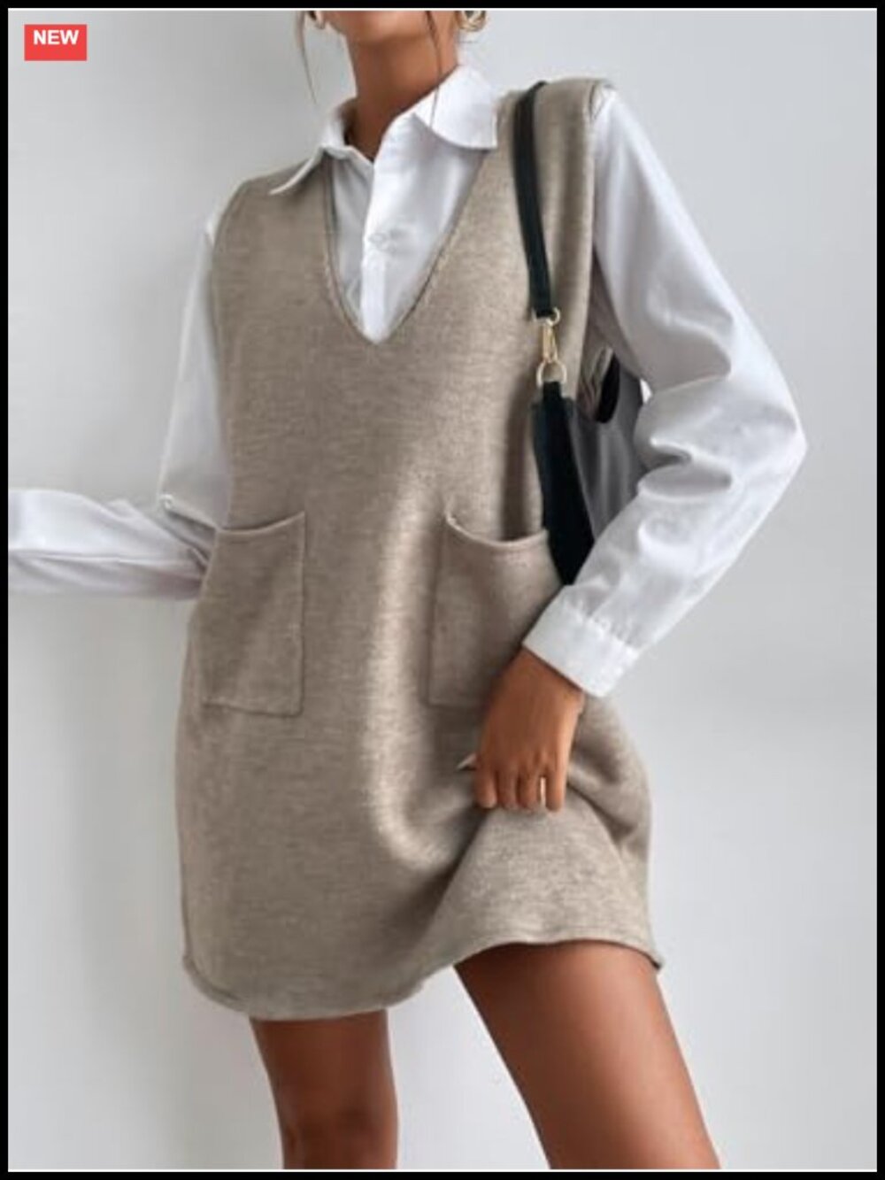Sleeveless V Neck Sweater Vest Dress Loose Fit Pockets Fall Casual - Picture 2 of 6